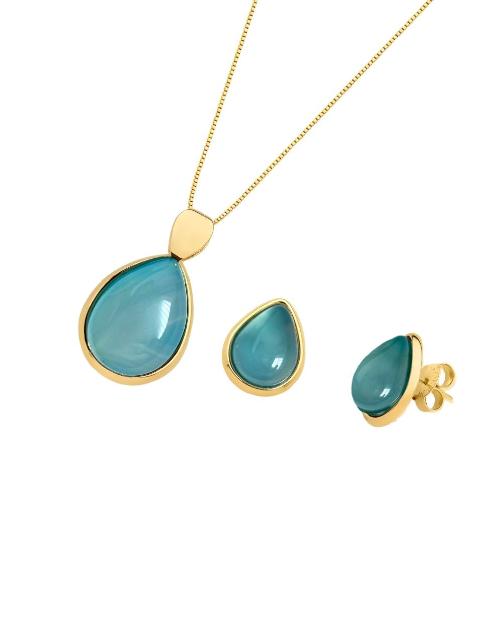 Conjunto Colar e Brinco Ágata Azul Céu Ouro Semijoia
