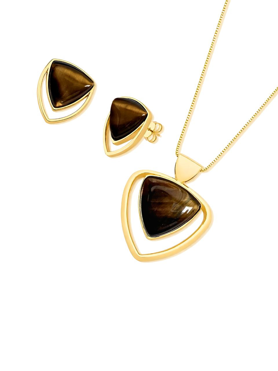 Conjunto Colar e Brinco Triangular Olho de Tigre Ouro Semijoia