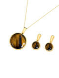 Conjunto Colar e Brinco Redondo Olho de Tigre Ouro Semijoia