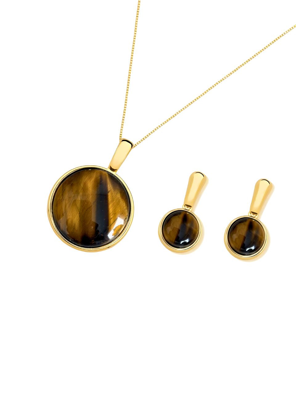 Conjunto Colar e Brinco Redondo Olho de Tigre Ouro Semijoia