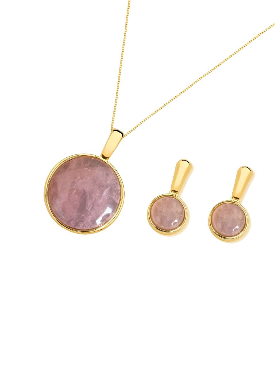 Conjunto Redondo Quartzo Rosa Ouro Semijoia
