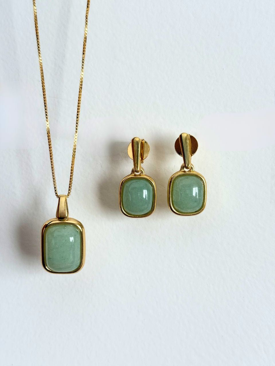 Conjunto Colar e Brinco Retangular Quartzo Verde Ouro Semijoia