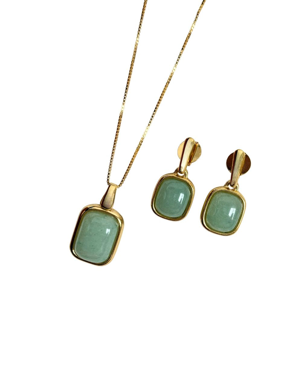 Conjunto Colar e Brinco Retangular Quartzo Verde Ouro Semijoia