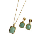 Conjunto Colar e Brinco Retangular Quartzo Verde Ouro Semijoia
