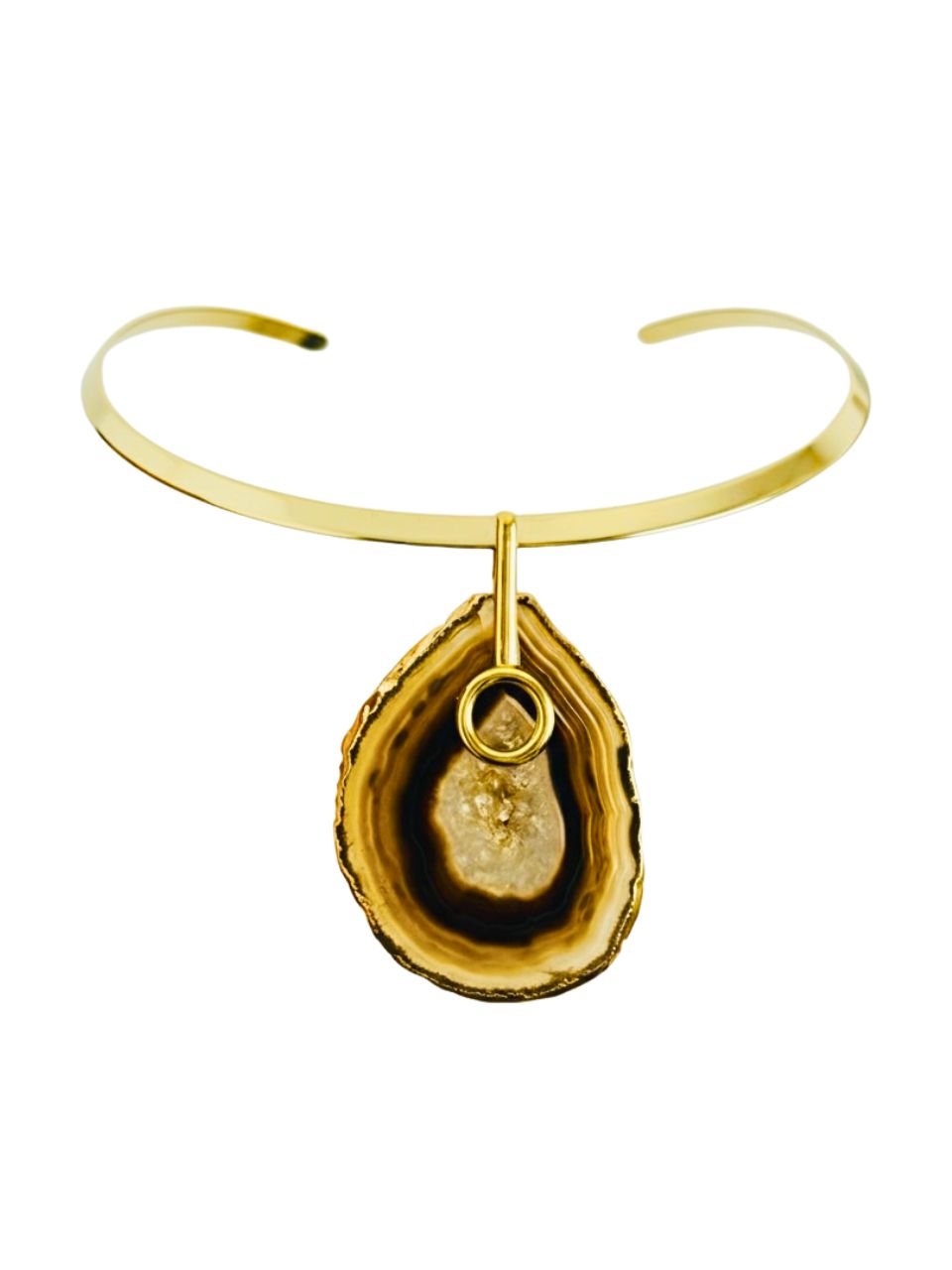 Colar Choker Aro Liso com Ágata Marrom Detalhe Dourado Semijoia