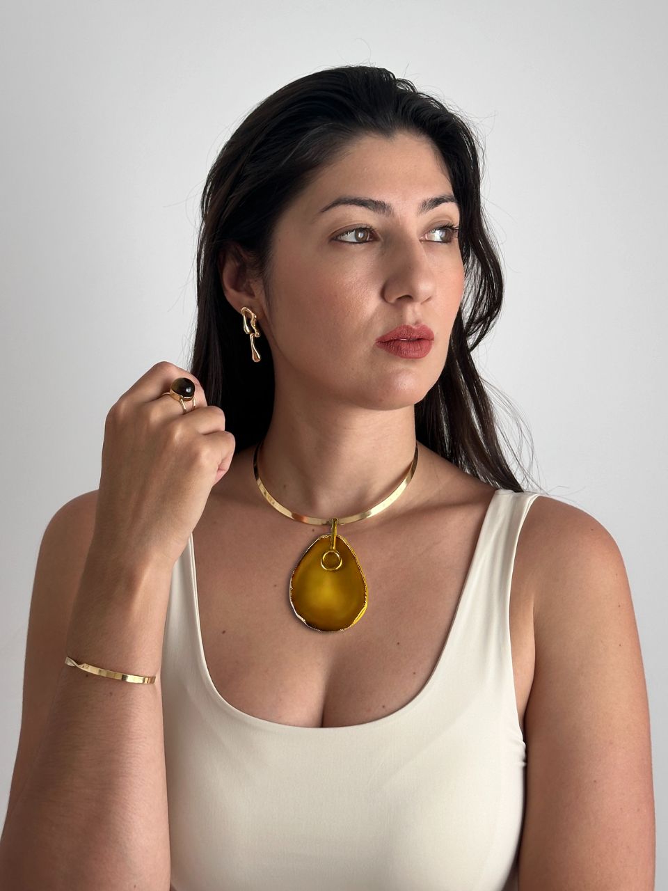 Colar Choker Aro Liso com Ágata Marrom Detalhe Dourado Semijoia