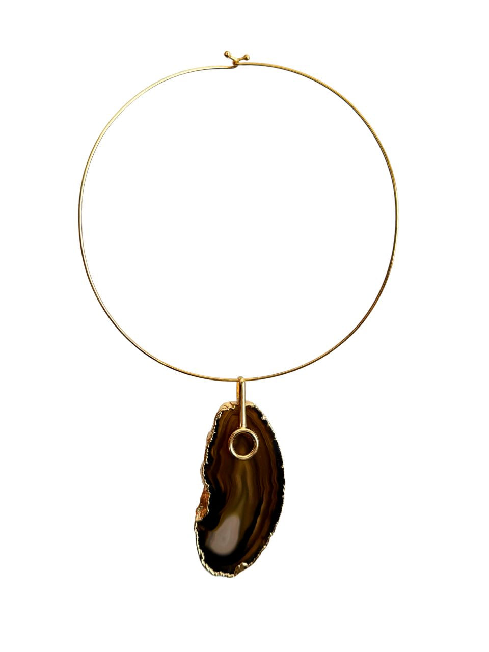 Colar Choker Aro fechado Ágata Negra Detalhe Dourado Semijoia