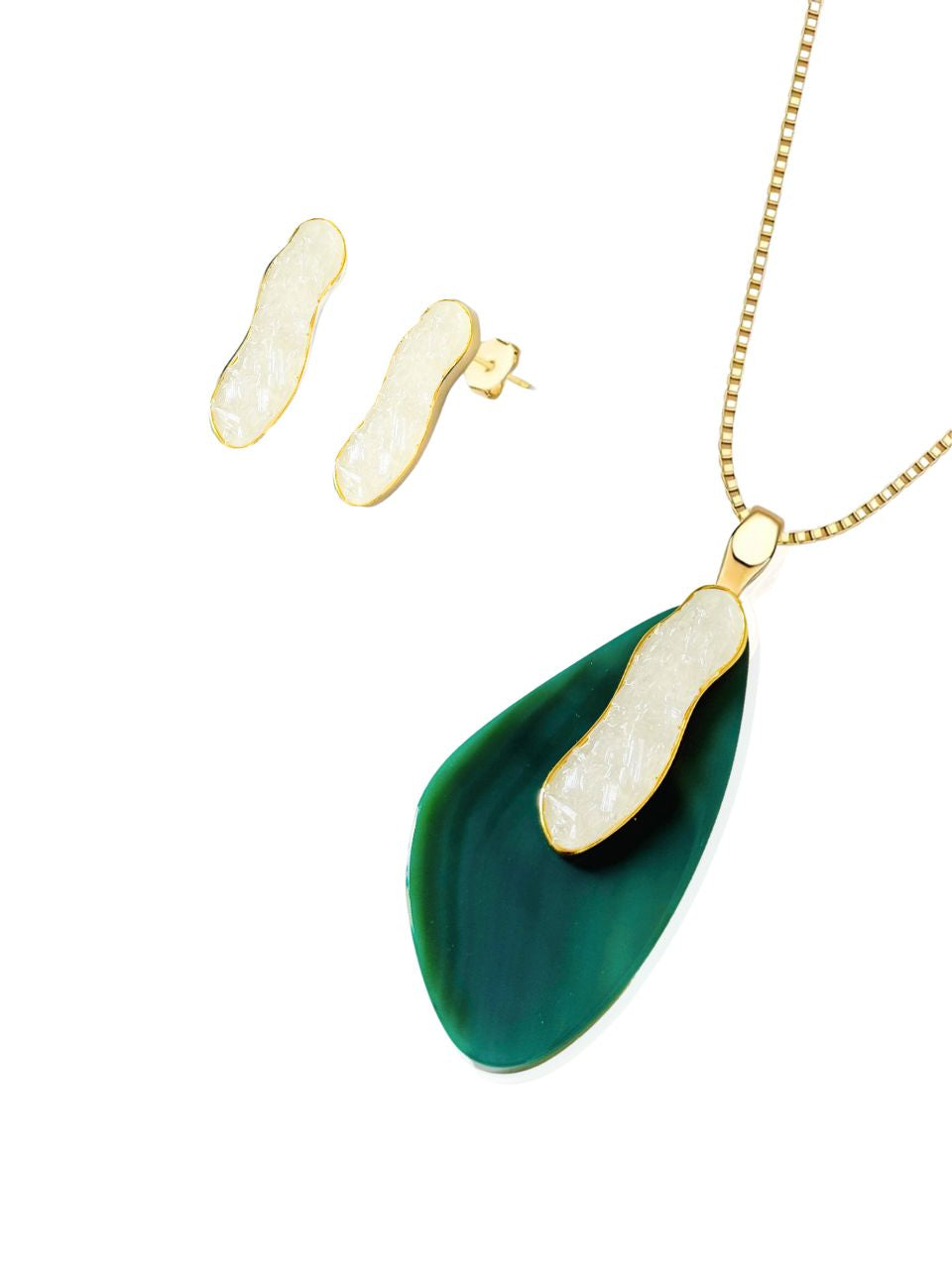Conjunto Colar e Brinco Ágata verde com Selenita Ouro Semijoia