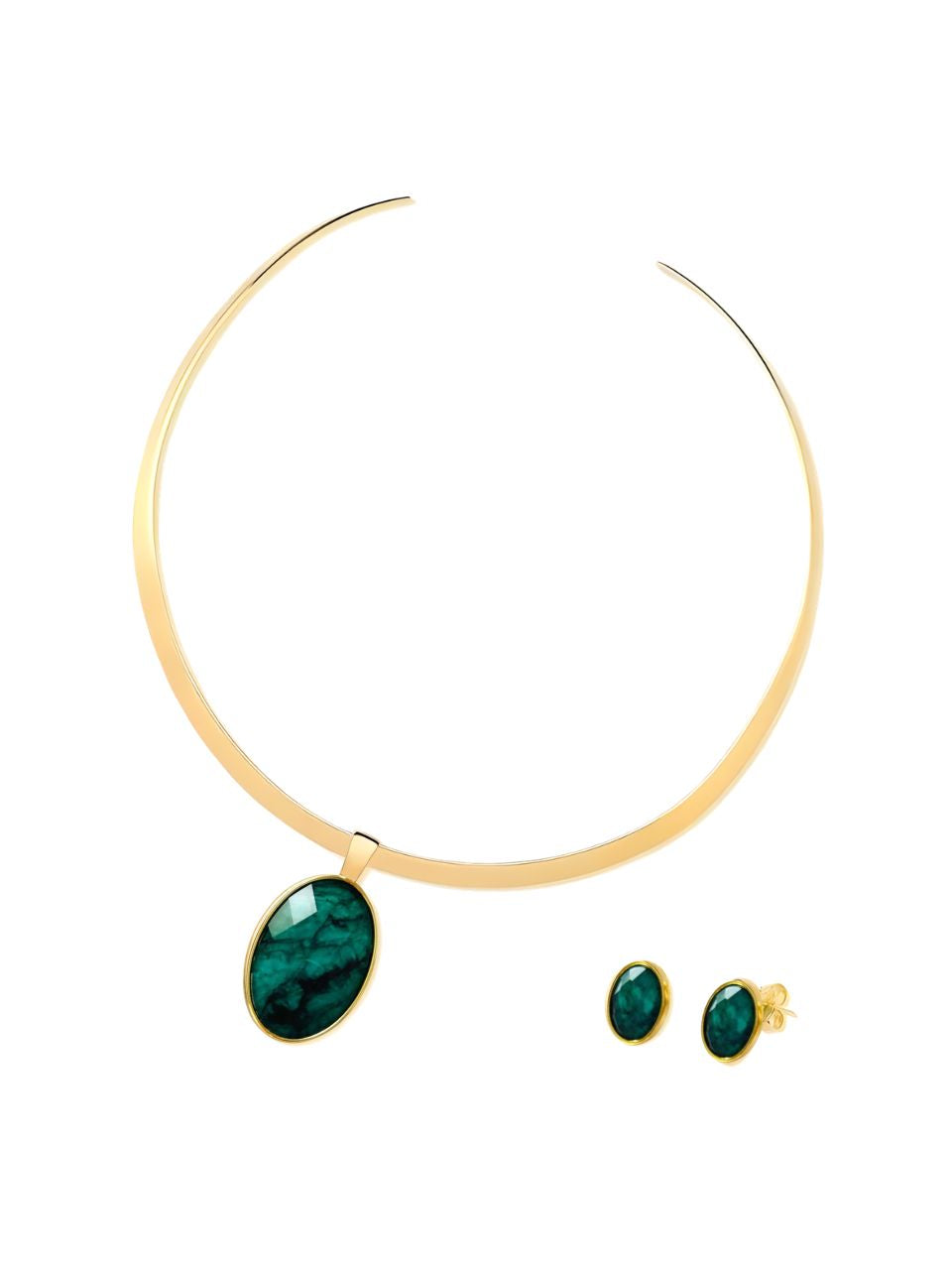 Conjunto Choker Aro liso Colar e Brinco Oval Esmeralda Ouro Semijoia