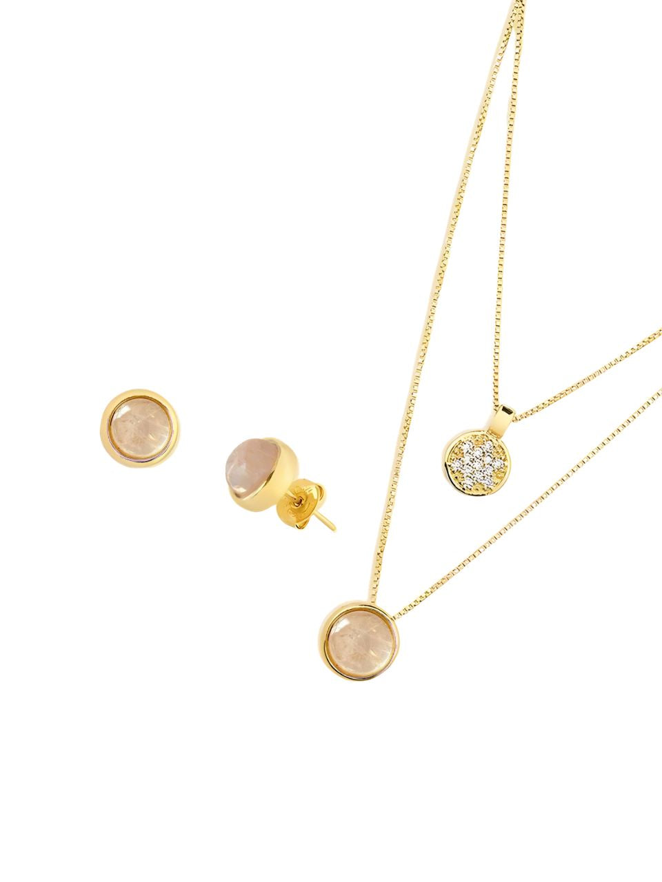 Conjunto Brinco e Colar Duplo QUARTZO ROSA Ouro Semijoia