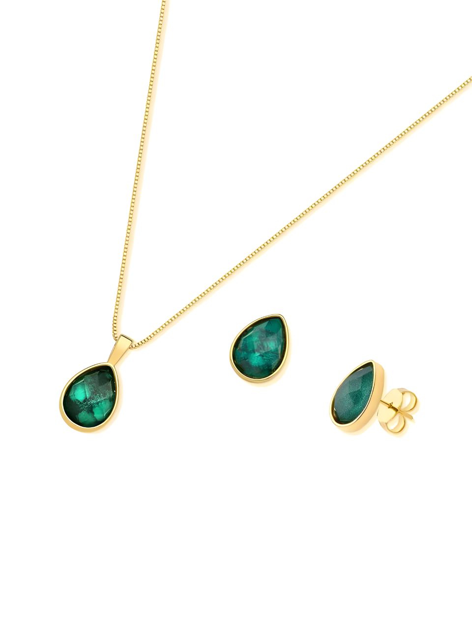 Conjunto Colar e Brinco Gota Esmeralda Ouro Semijoia