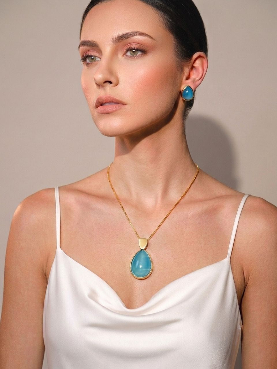 Conjunto Colar e Brinco Ágata Azul Céu Ouro Semijoia