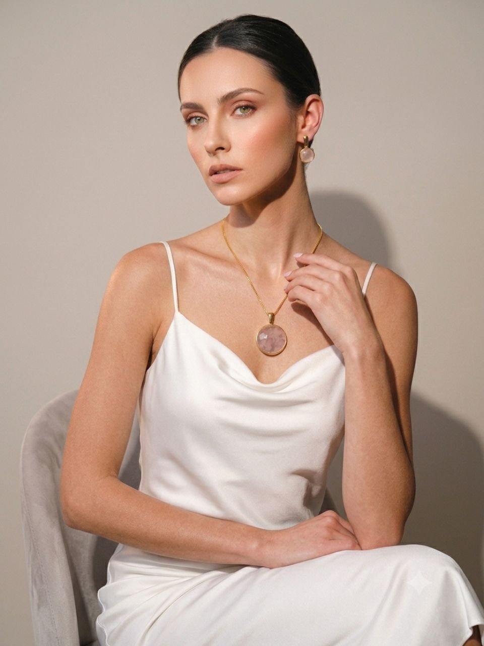 Conjunto Redondo Quartzo Rosa Ouro Semijoia