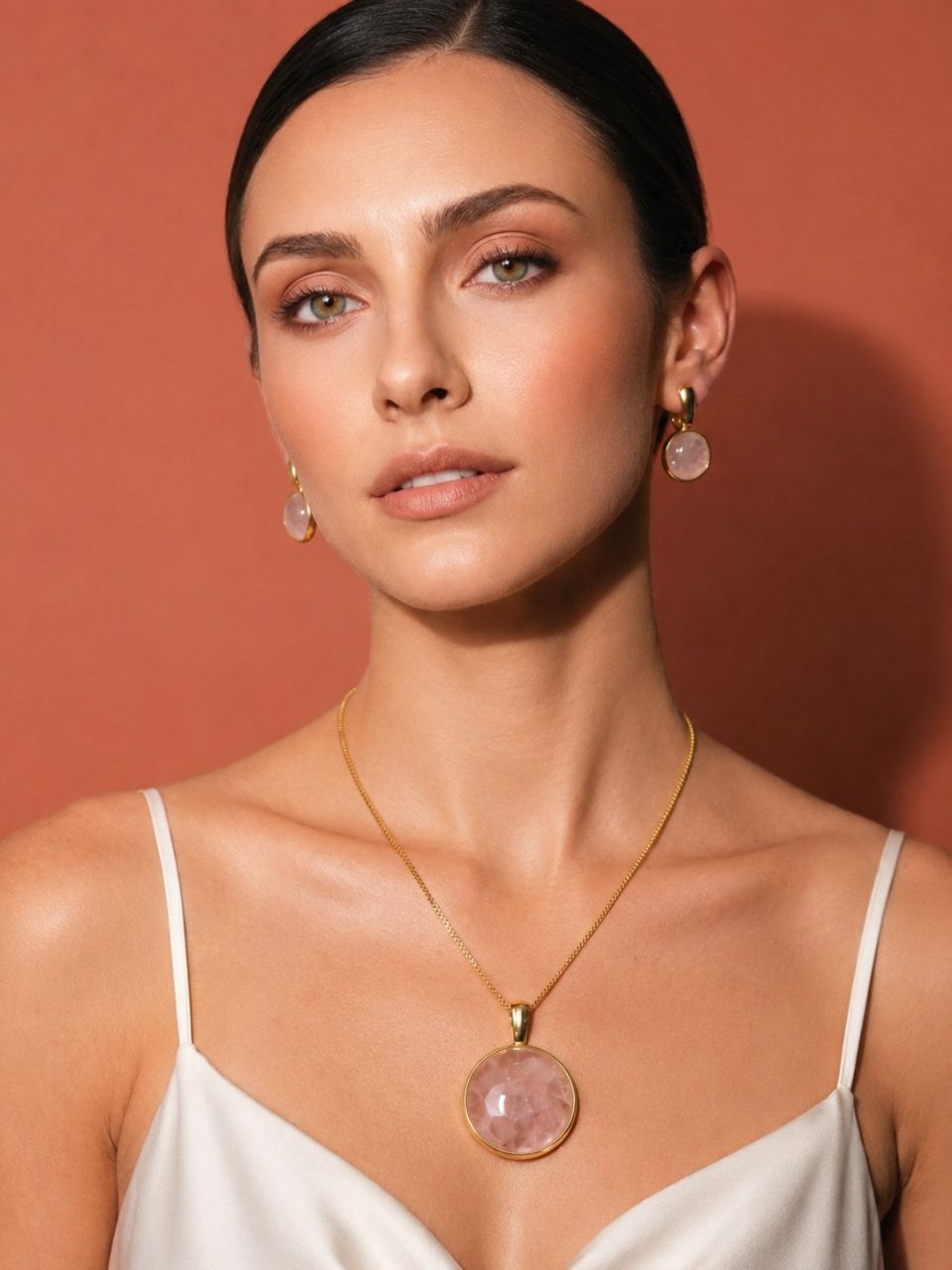 Conjunto Redondo Quartzo Rosa Ouro Semijoia