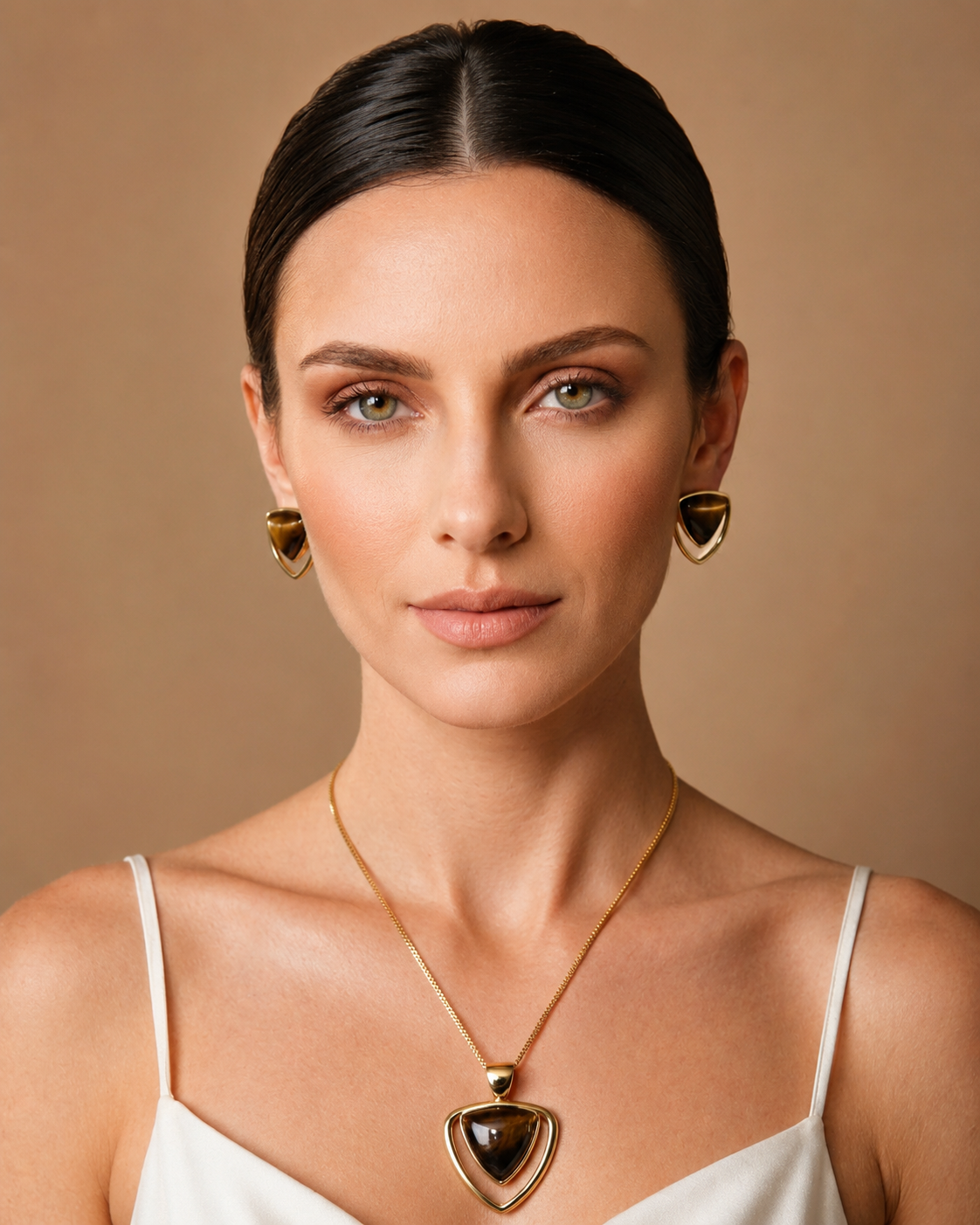 Conjunto Colar e Brinco Triangular Olho de Tigre Ouro Semijoia