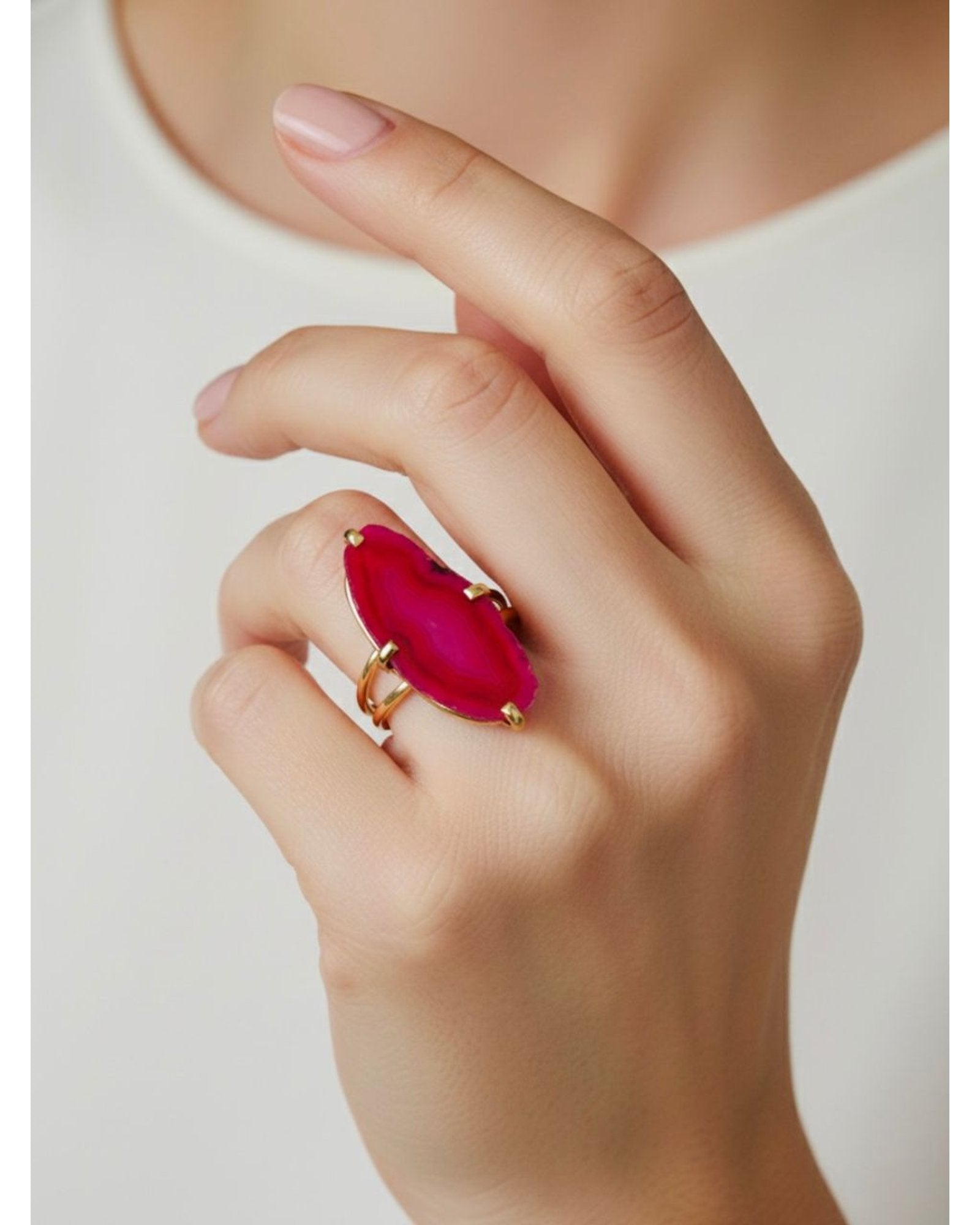 Anel Ajustável Ágata Rosa Ouro Semijoia