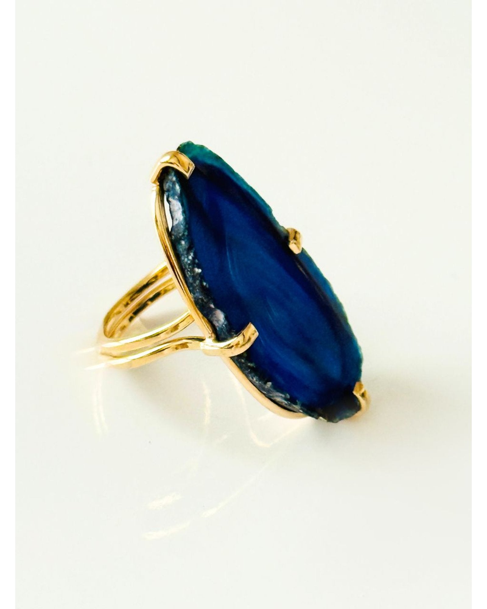 Anel Ajustável Ágata Azul Ouro Semijoia