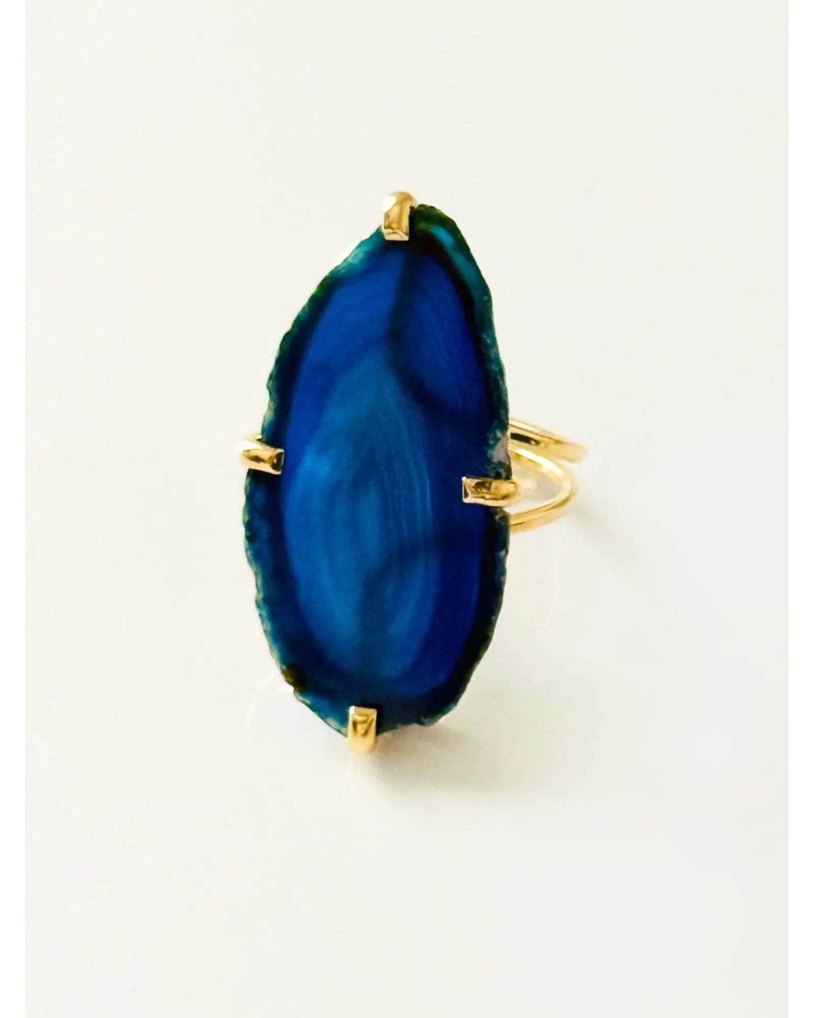 Anel Ajustável Ágata Azul Ouro Semijoia