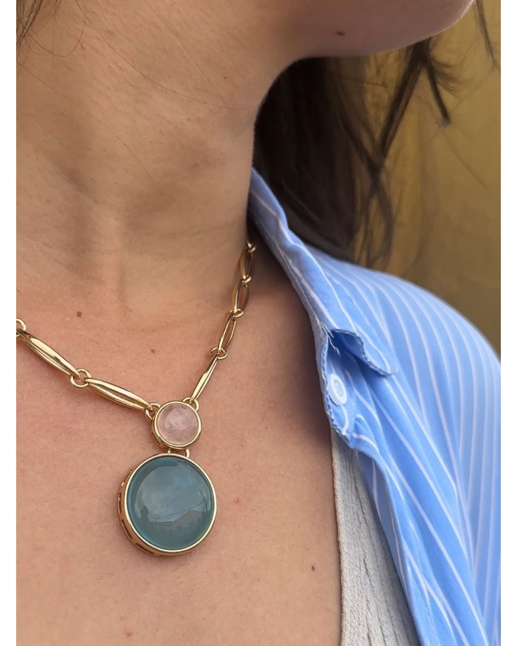Conjunto Colar e Brinco Duo Quartzo Rosa E Ágata Azul Céu