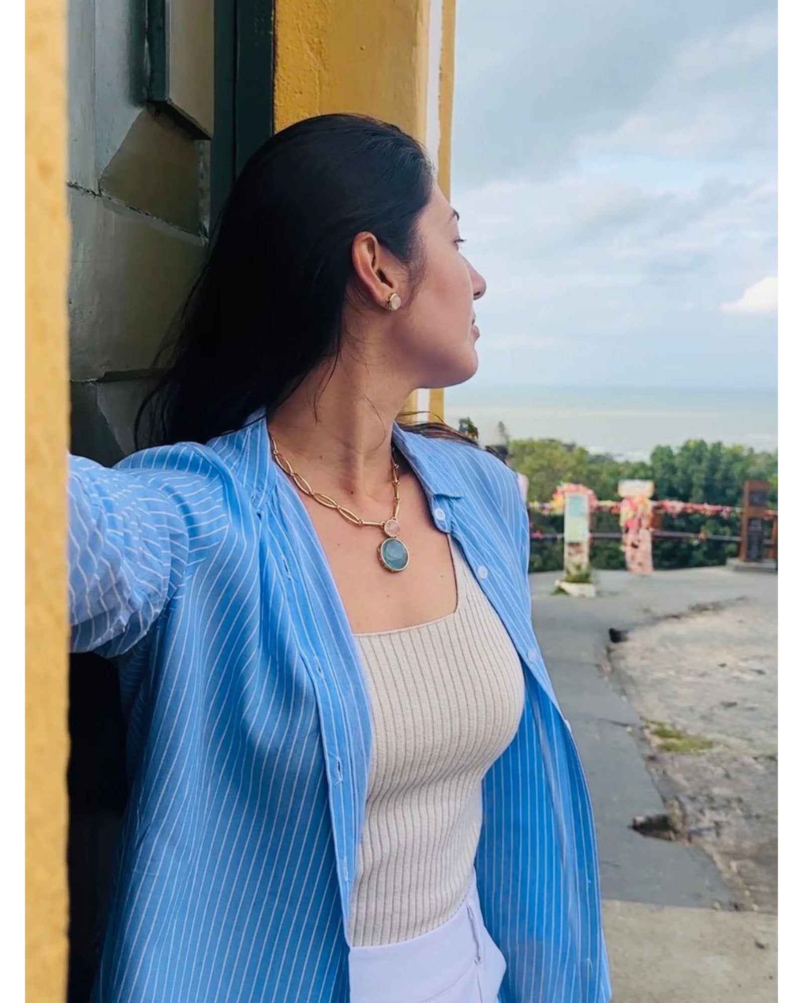 Conjunto Colar e Brinco Duo Quartzo Rosa E Ágata Azul Céu