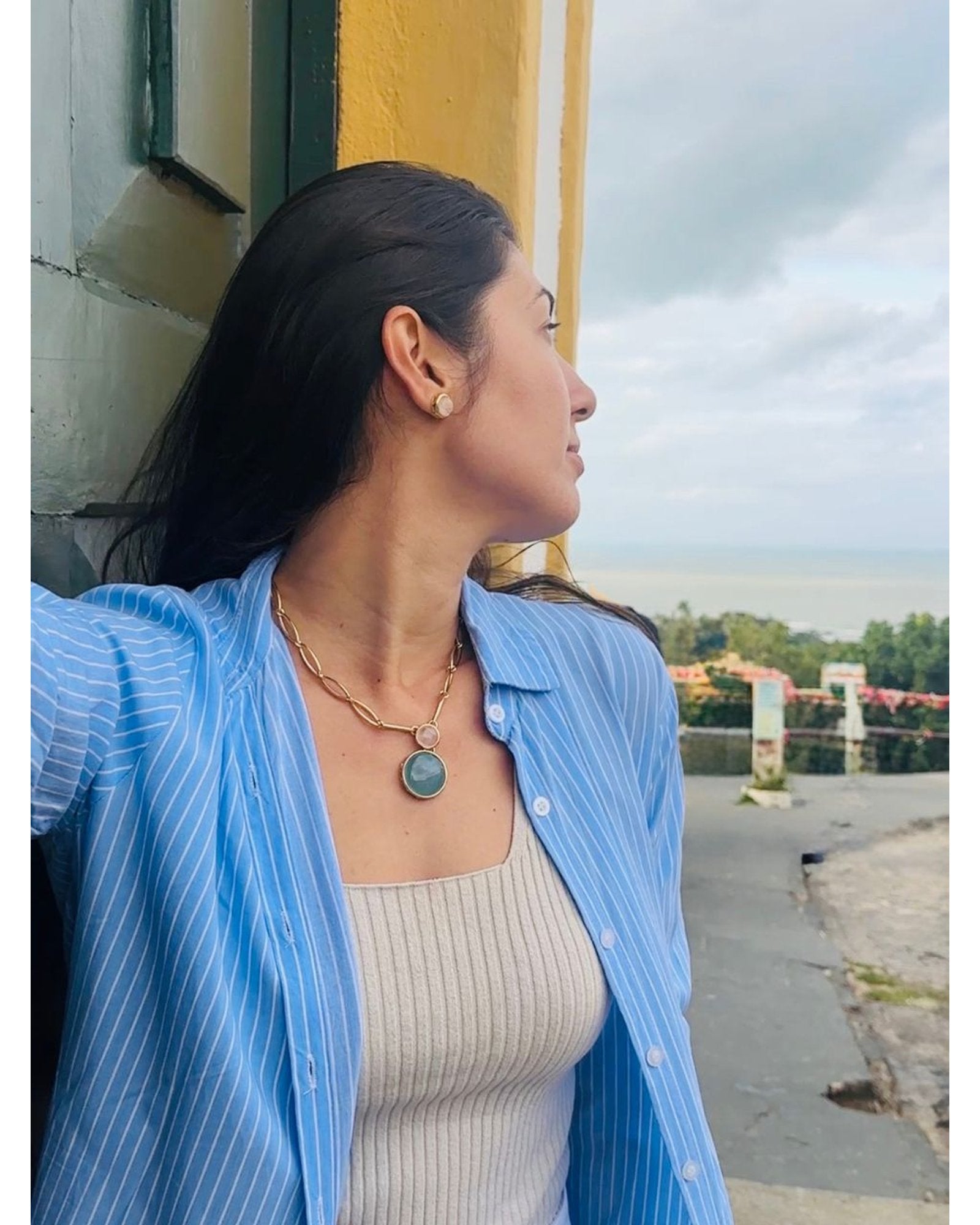 Conjunto Colar e Brinco Duo Quartzo Rosa E Ágata Azul Céu