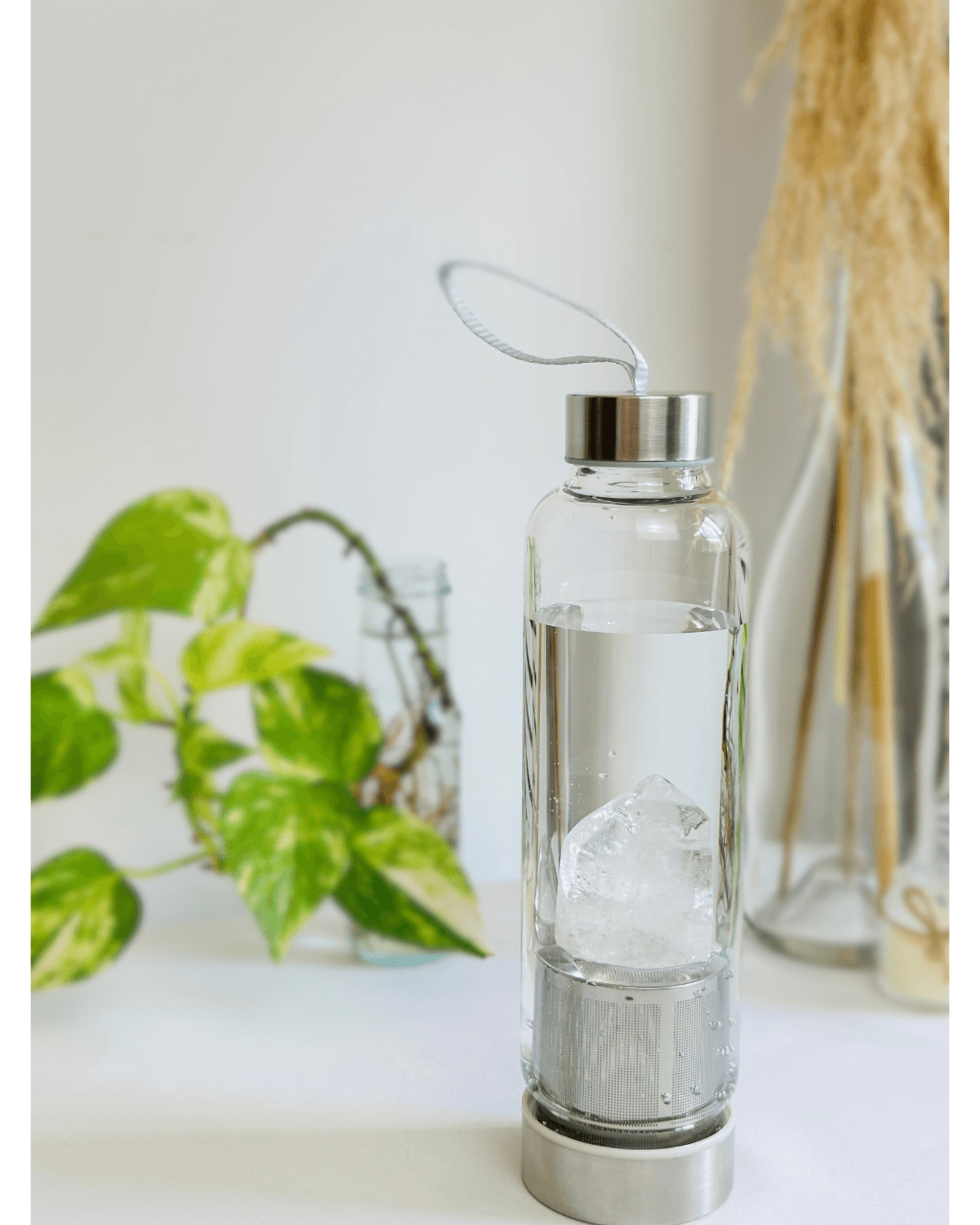 Garrafa de Vidro Ponta de CRISTAL DE ROCHA Boas Vibrações