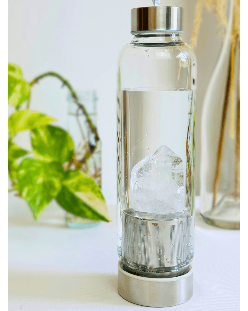 Garrafa de Vidro Ponta de CRISTAL DE ROCHA Boas Vibrações
