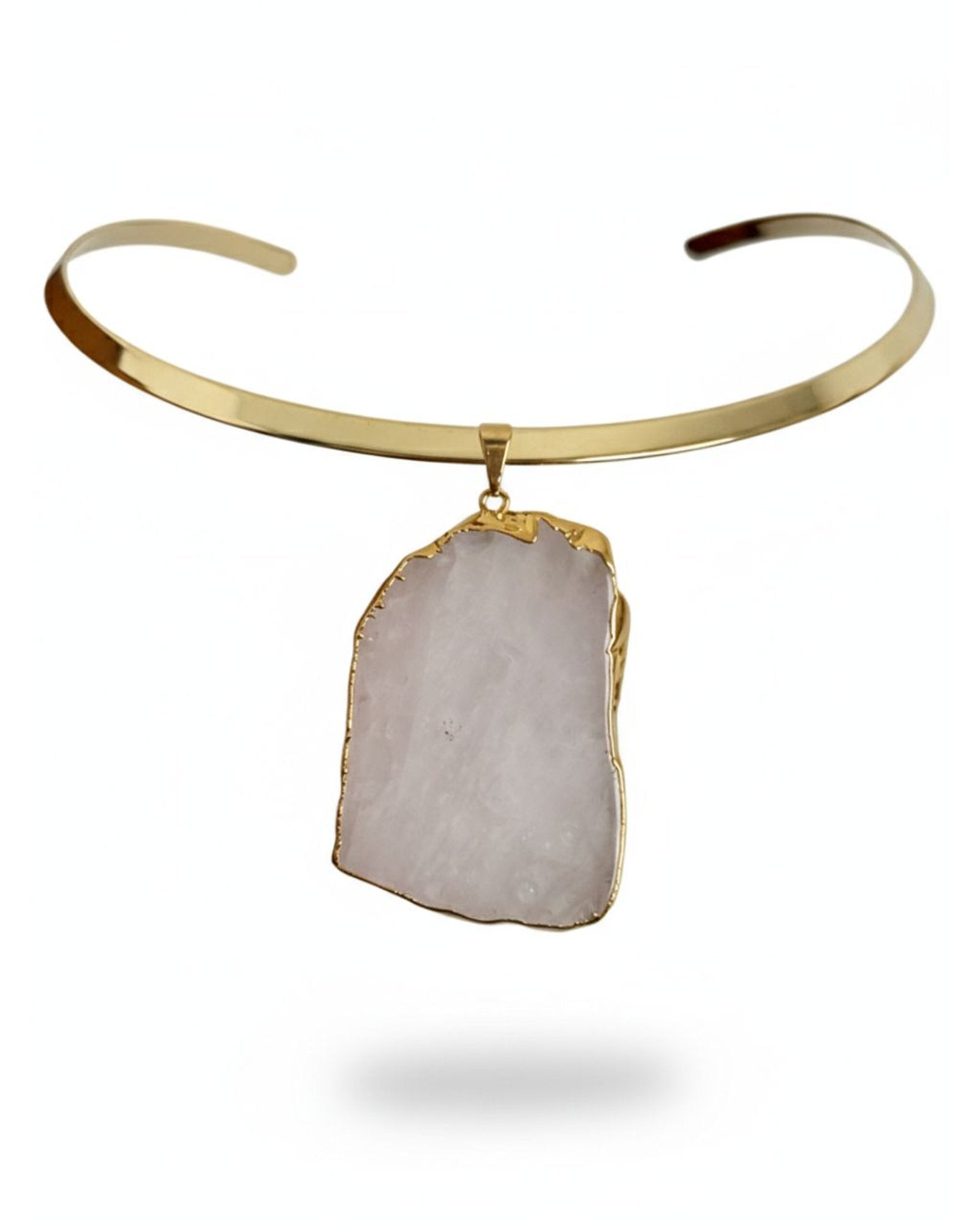 Colar Choker Aro Liso Slice Quartzo Rosa Ouro Semijoia