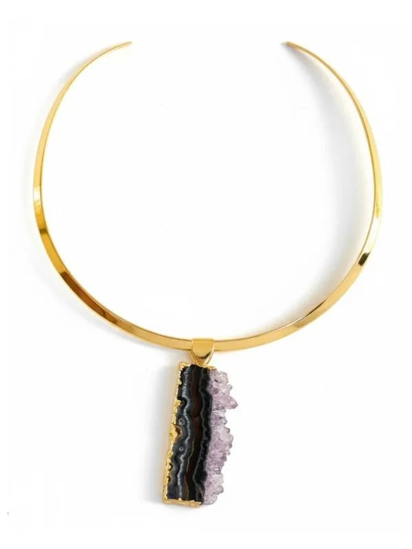 Colar Choker aro liso Drusa de Ametista Ouro Semijoia