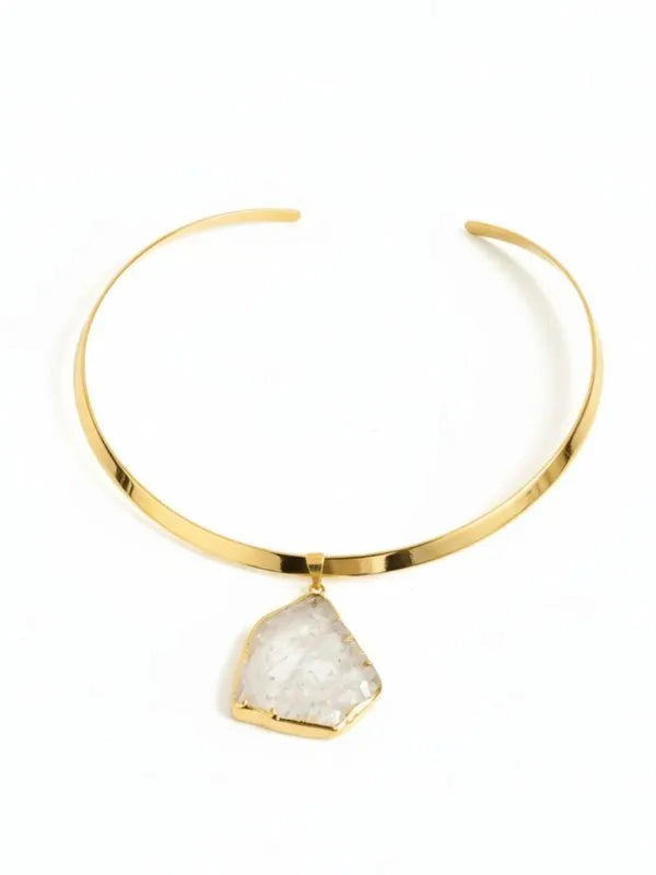 Colar Choker Aro Liso Slice Cristal de Rocha - Ouro Semijoia