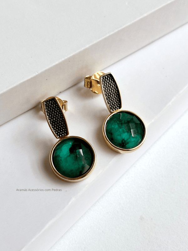 Conjunto Colar e Brinco redondo ESMERALDA Ouro Semijoia