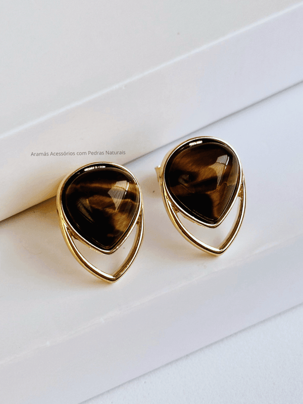 Conjunto Colar e Brinco Gota Invertida Olho de Tigre