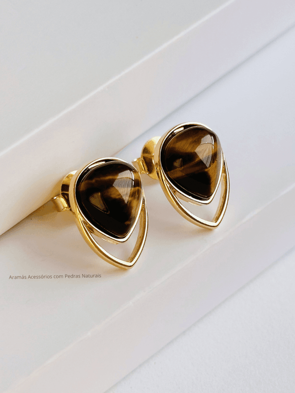 Conjunto Colar e Brinco Gota Invertida Olho de Tigre