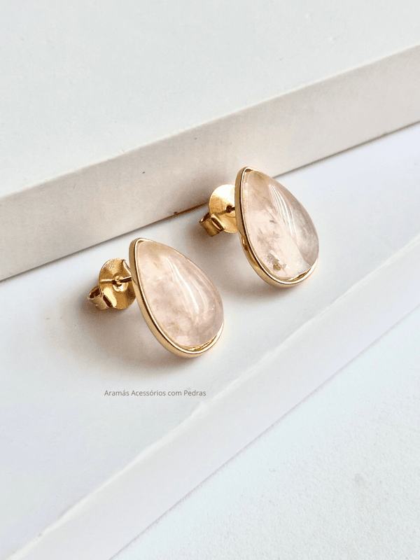 Brinco Gota Quartzo Rosa Ouro Semijoia