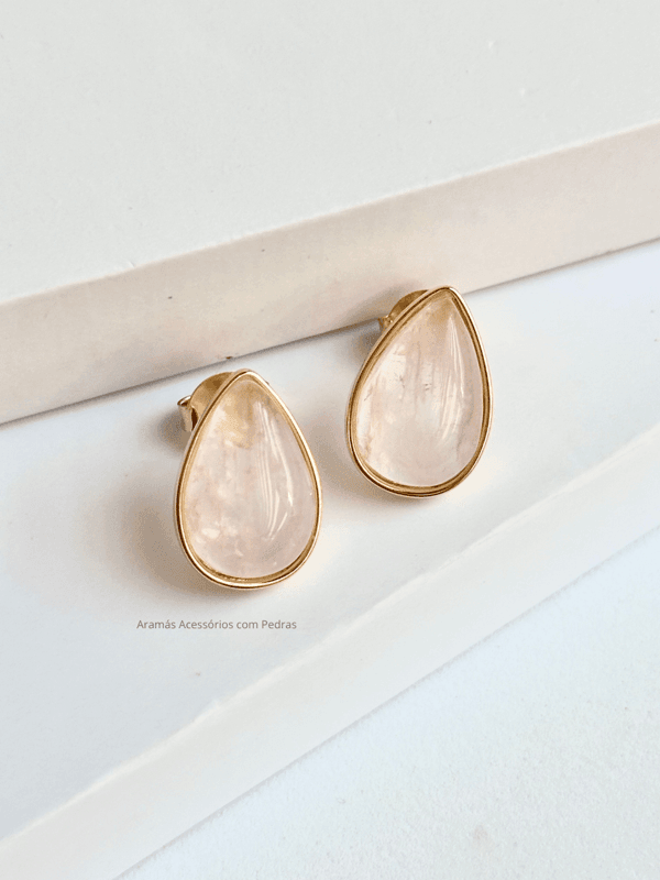 Brinco Gota Quartzo Rosa Ouro Semijoia