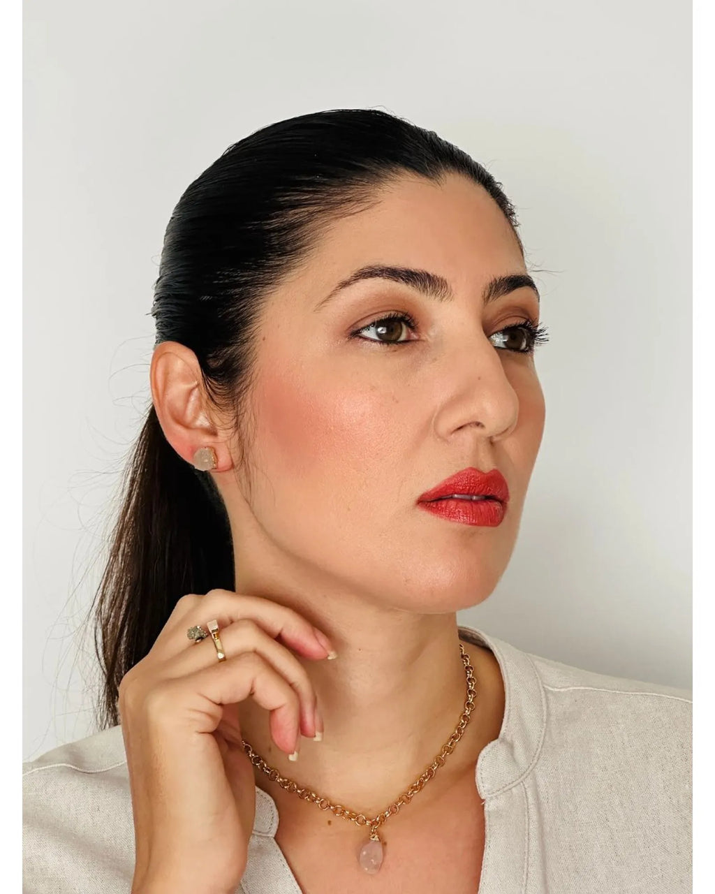 Colar Choker Elo Português Quartzo Rosa Ouro Semijoia