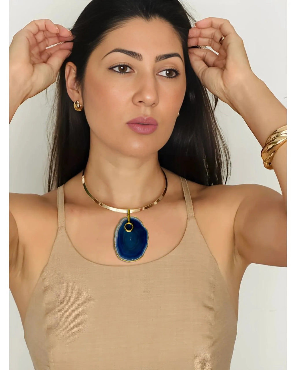 Pingente Ágata Azul com detalhe dourado Ouro Semijoia