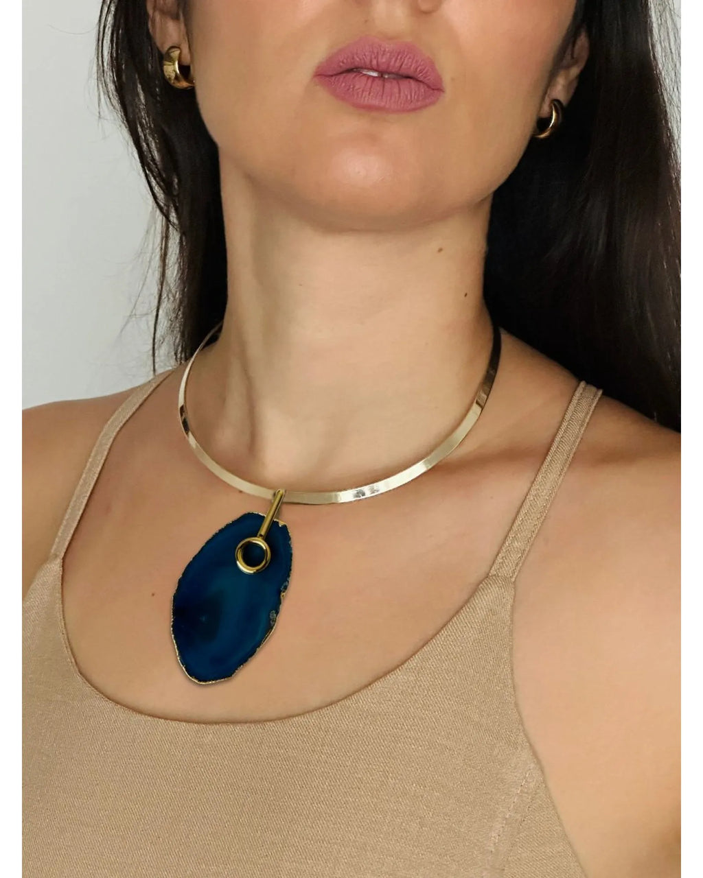 Pingente Ágata Azul com detalhe dourado Ouro Semijoia