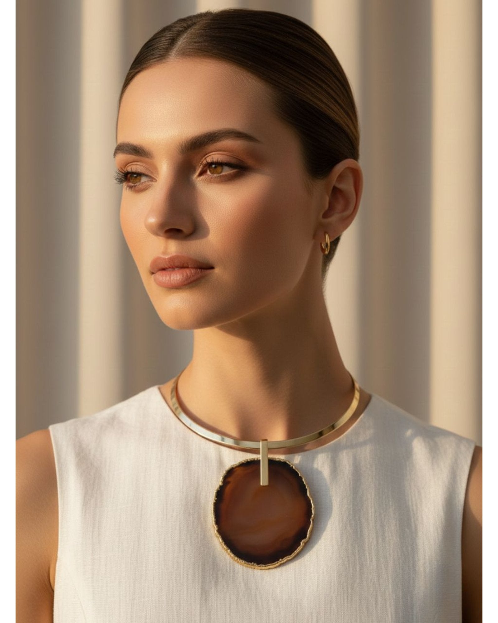 Colar Choker Aro Liso com Ágata Marrom Detalhe Dourado Semijoia