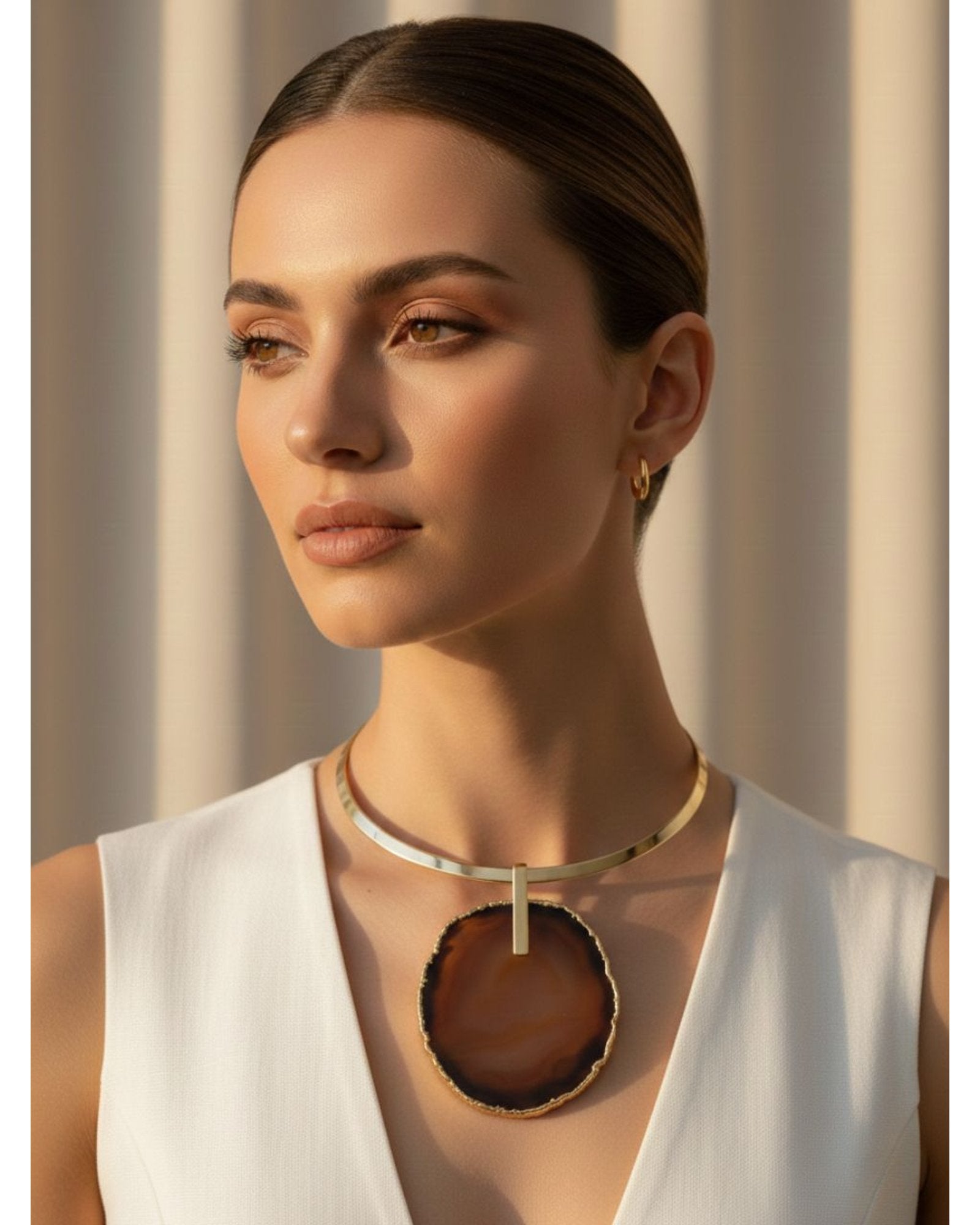 Colar Choker Aro Liso com Ágata Marrom Detalhe Dourado Semijoia