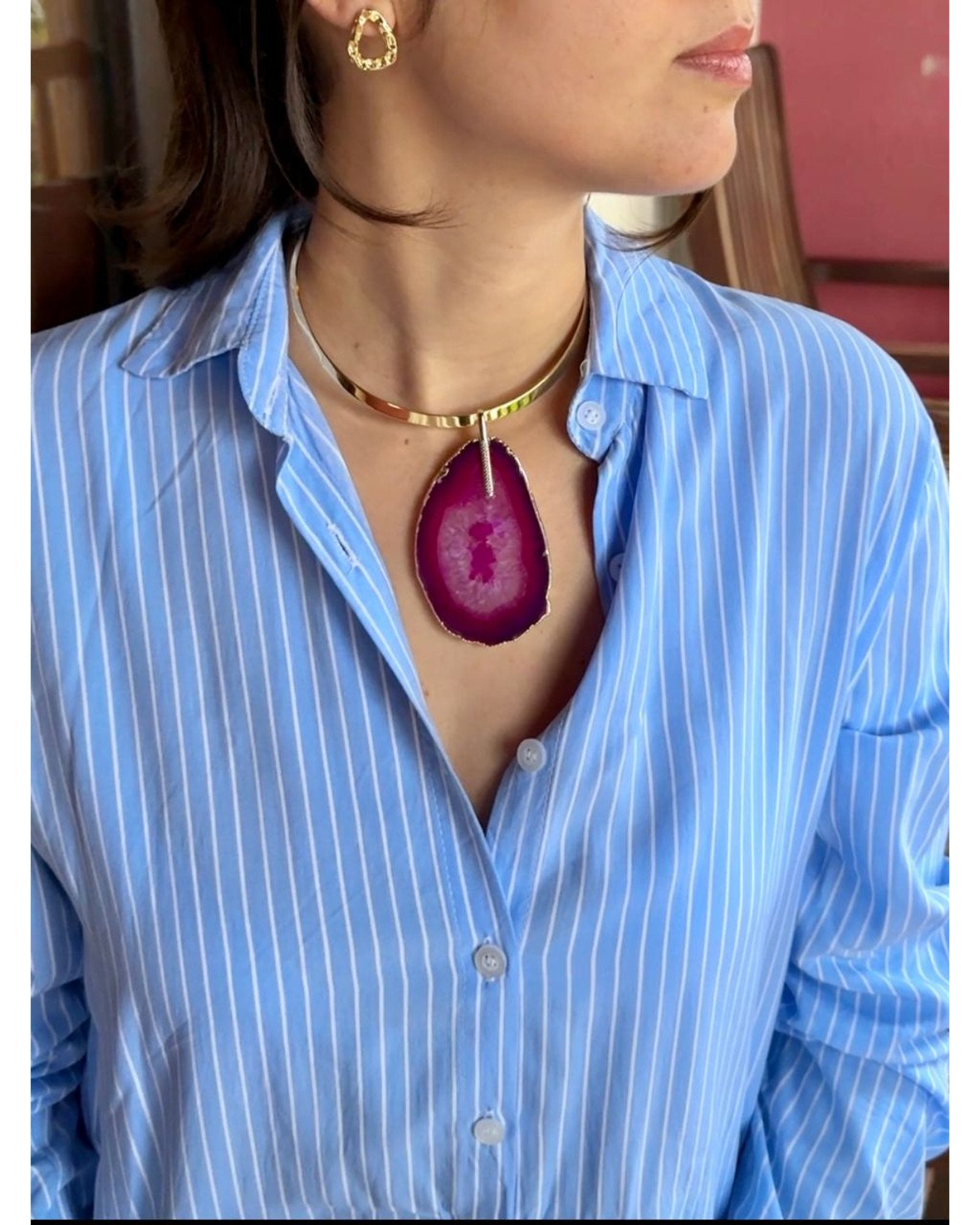Colar Choker Aro Liso com Ágata Rosa detalhe em Ródio Branco Semijoia