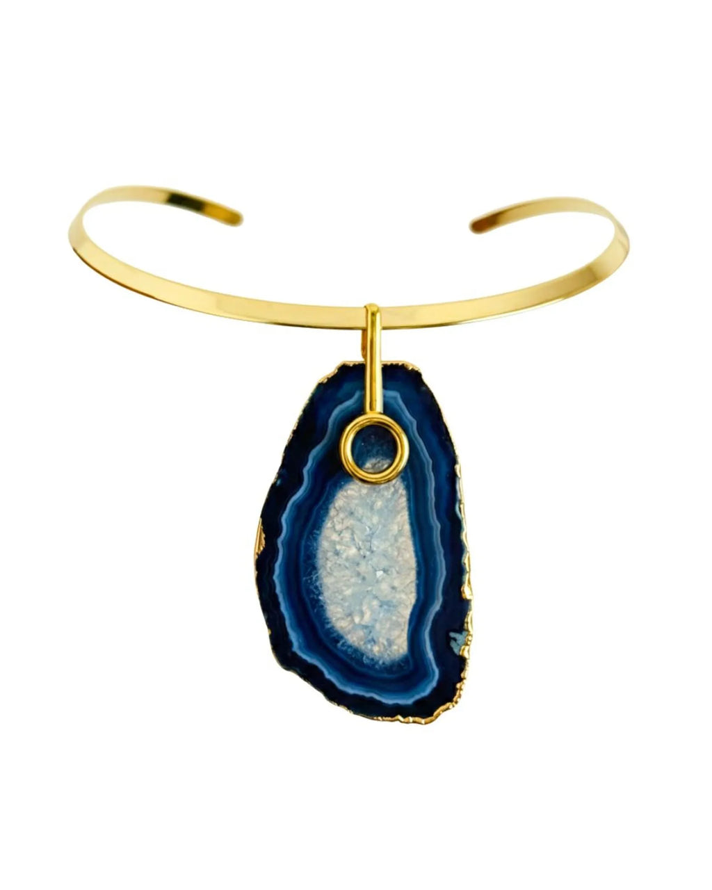 Colar Choker Aro Liso com Ágata Azul Detalhe Dourado Semijoia