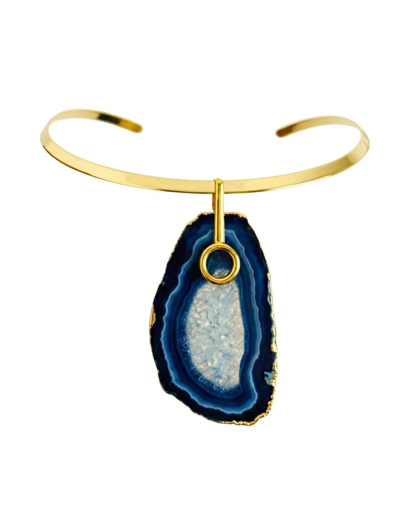 Colar Choker Aro Liso com Ágata Azul Detalhe Dourado Semijoia