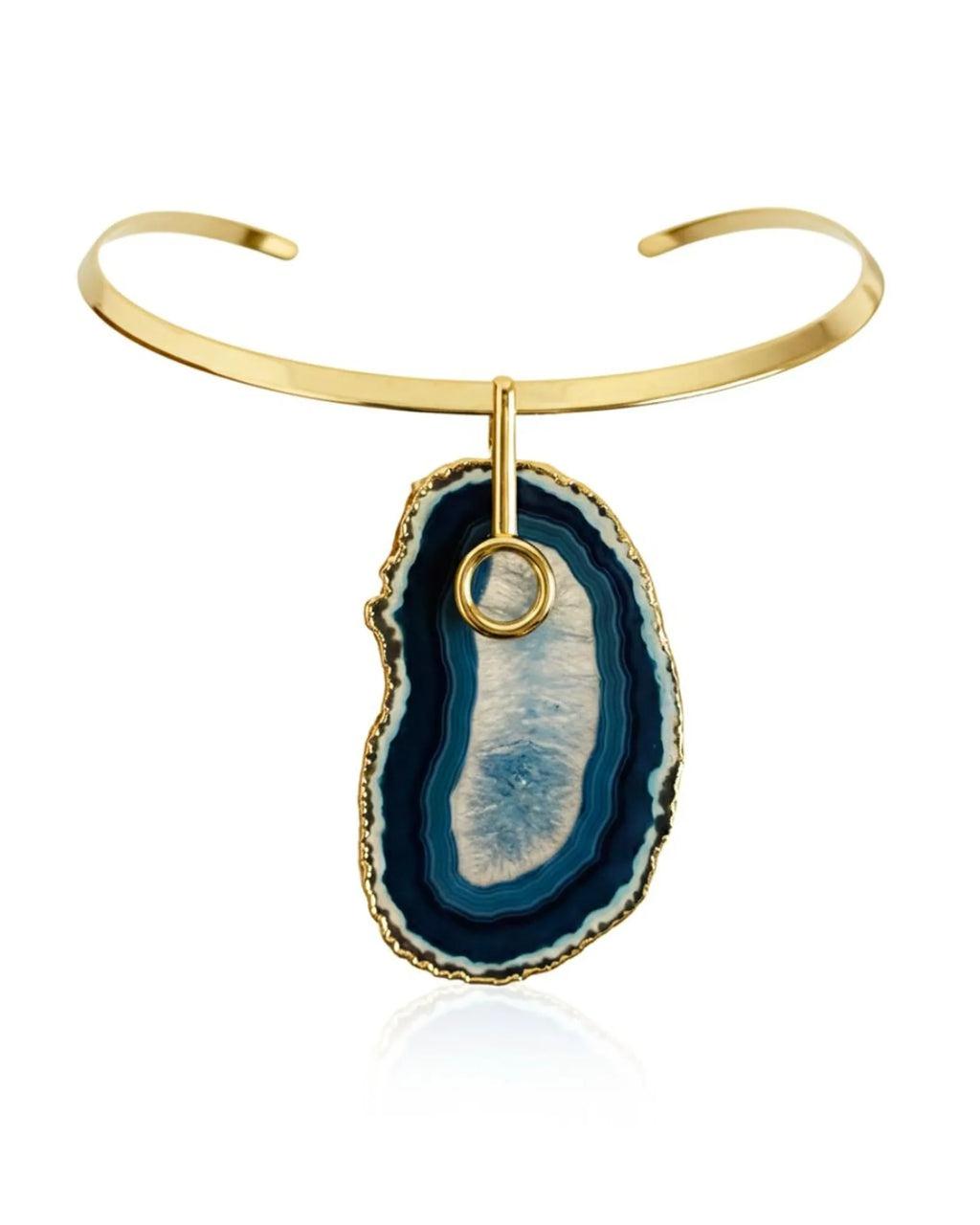 Colar Choker Aro Liso com Ágata Azul Detalhe Dourado Semijoia