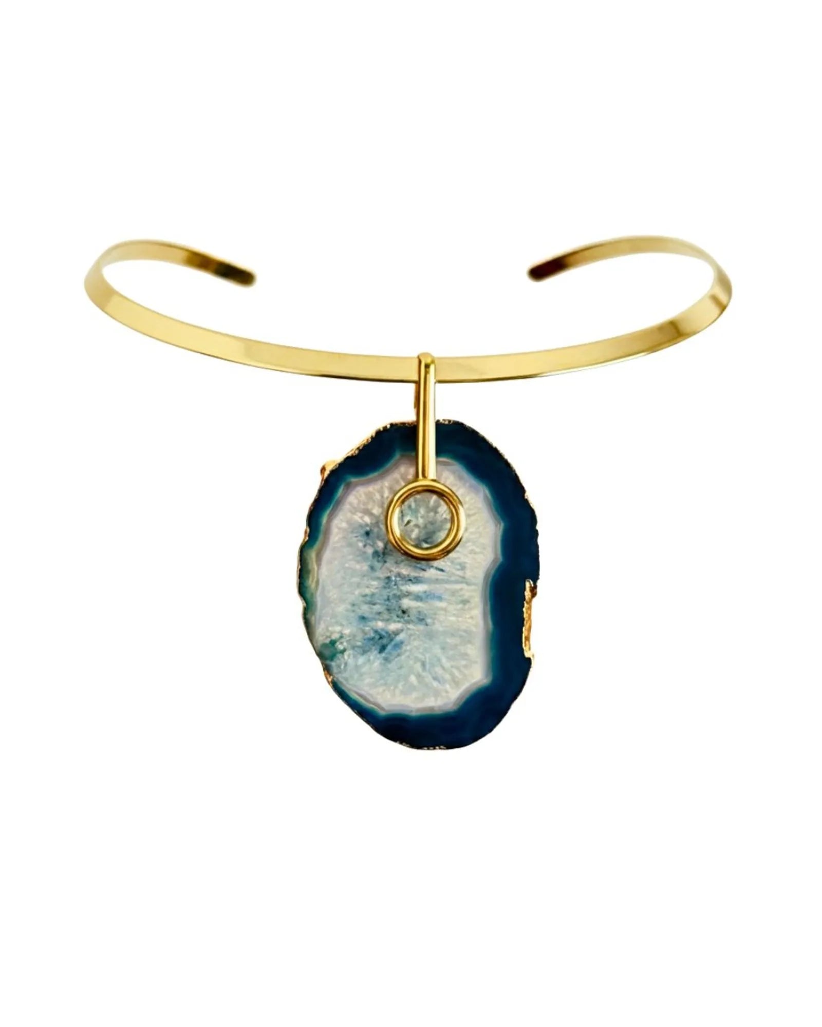 Colar Choker Aro Liso com Ágata Azul Detalhe Dourado Semijoia