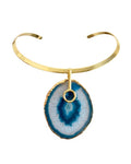 Colar Choker Aro Liso com Ágata Azul Detalhe Dourado Semijoia