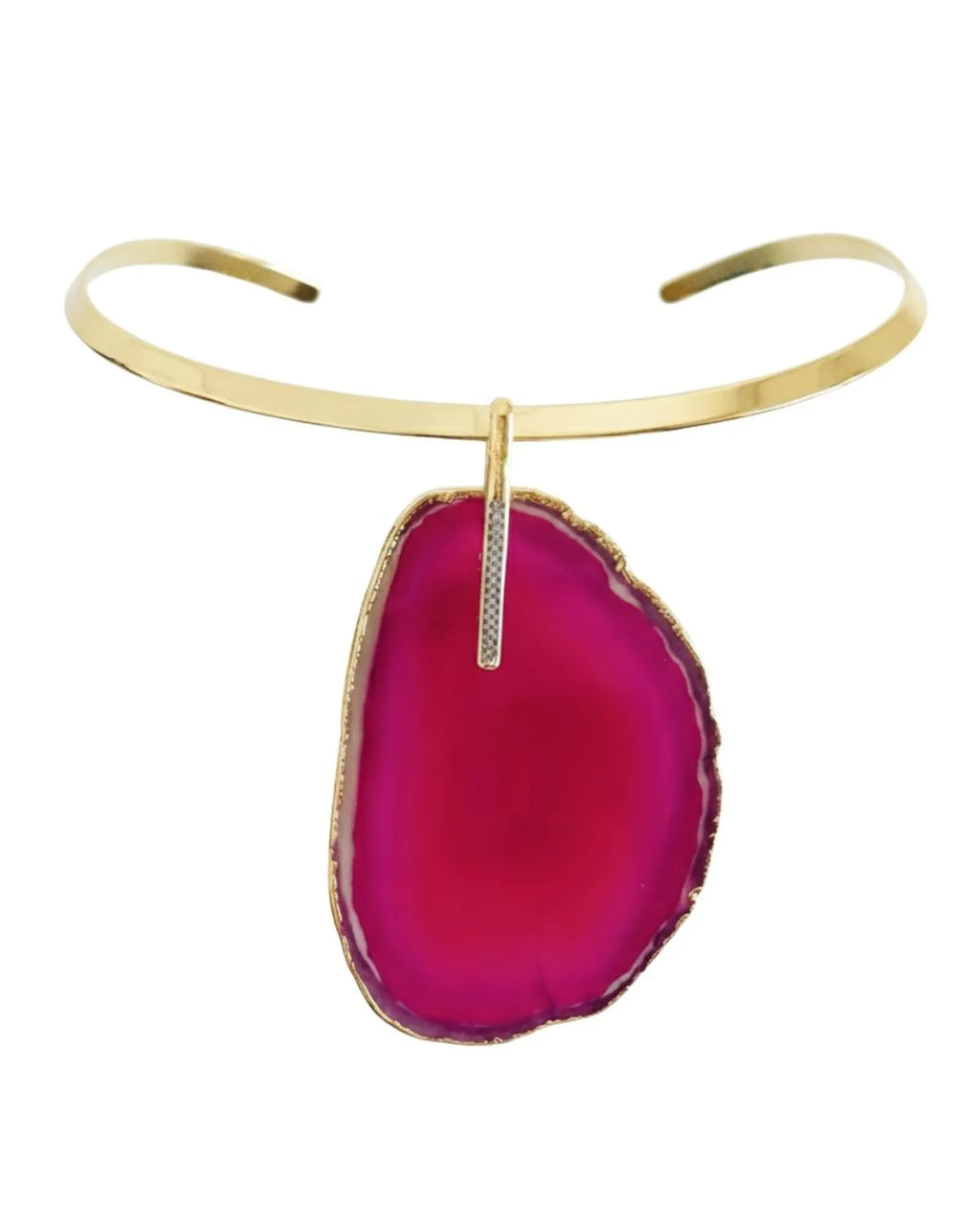 Colar Choker Aro Liso com Ágata Rosa detalhe em Ródio Branco Semijoia