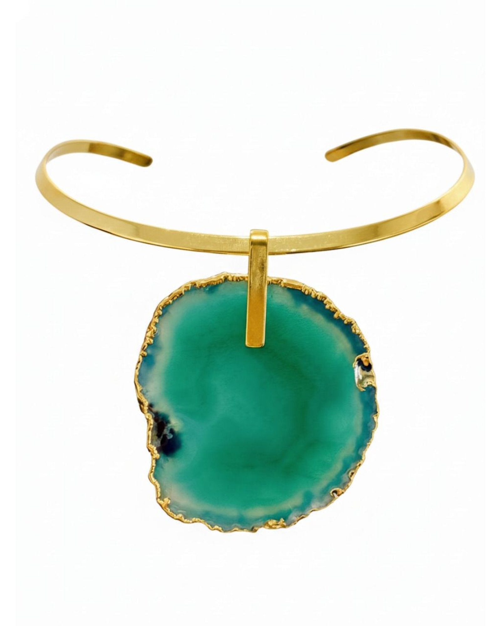 Colar Choker Aro Liso com Ágata Verde Detalhe Dourado Semijoia