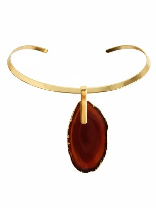 Colar Choker Aro Liso com Ágata Vermelha Detalhe Dourado Semijoia