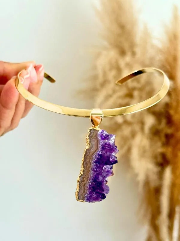 Colar Choker aro liso Drusa de Ametista Ouro Semijoia